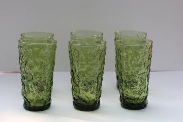 catalog photo of vintage Anchor Hocking Milano crinkle textured glass tumblers, avocado green