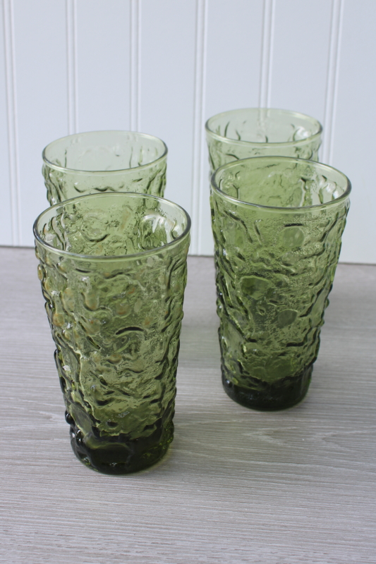 photo of vintage Anchor Hocking Milano crinkle textured glass tumblers, avocado green highballs #1