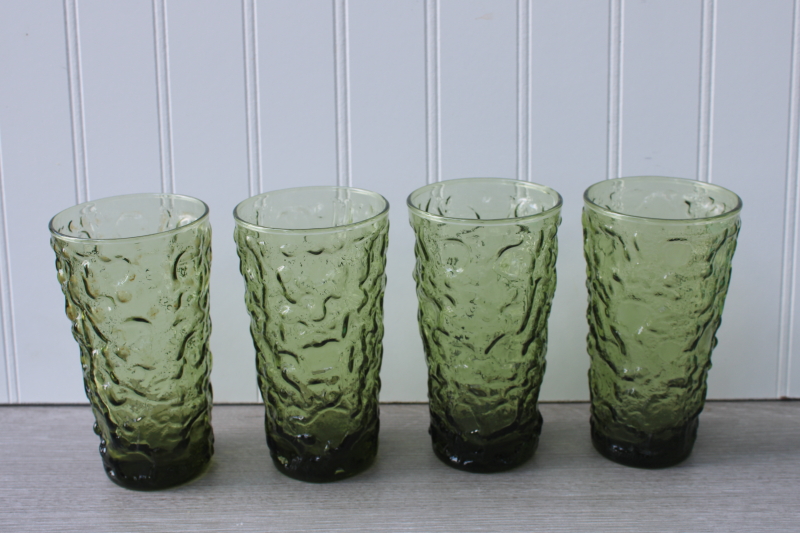 photo of vintage Anchor Hocking Milano crinkle textured glass tumblers, avocado green highballs #2