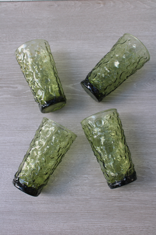 photo of vintage Anchor Hocking Milano crinkle textured glass tumblers, avocado green highballs #3