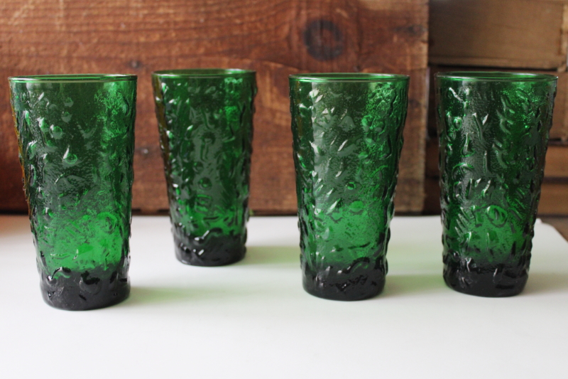 photo of vintage Anchor Hocking Milano textured glass drinking glasses, forest green tumblers #1