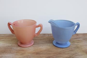 catalog photo of vintage Anchor Hocking Rainbow depression glass cream & sugar pastel pink & blue