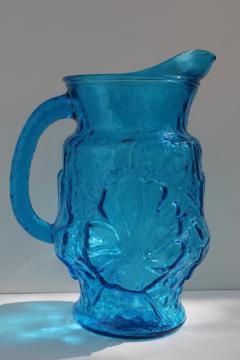 catalog photo of vintage Anchor Hocking Rainflower pattern laser blue aqua glass pitcher