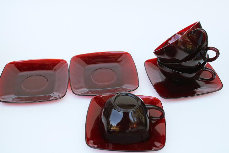 photo of vintage Anchor Hocking Royal Ruby red glass Charm square cups & saucers set of 4 #3