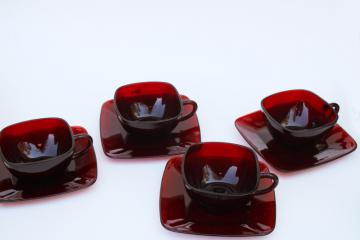 vintage Anchor Hocking Royal Ruby red glass Charm square cups & saucers set of 4