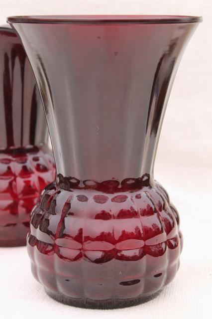 photo of vintage Anchor Hocking Royal Ruby red glass vases - large flower vase crimped & plain #2