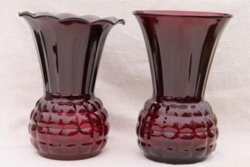 catalog photo of vintage Anchor Hocking Royal Ruby red glass vases - large flower vase crimped & plain