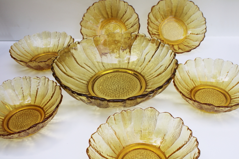 photo of vintage Anchor Hocking amber glass sun flower salad set complete w/ six individual bowls #1