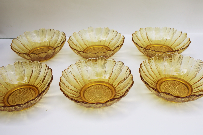 photo of vintage Anchor Hocking amber glass sun flower salad set complete w/ six individual bowls #4