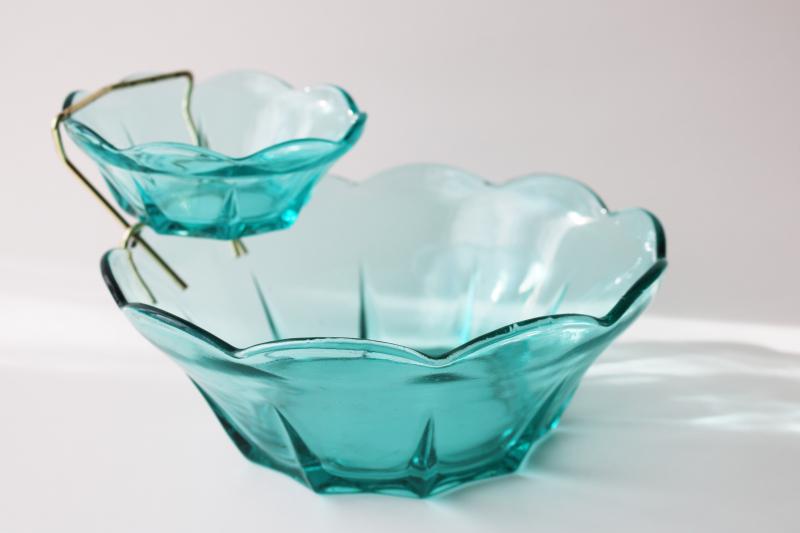 photo of vintage Anchor Hocking aquamarine glass chip & dip bowls w/ rack, Swedish modern shape #1