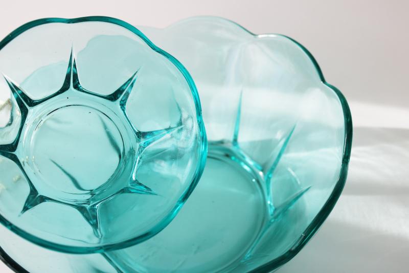 photo of vintage Anchor Hocking aquamarine glass chip & dip bowls w/ rack, Swedish modern shape #3