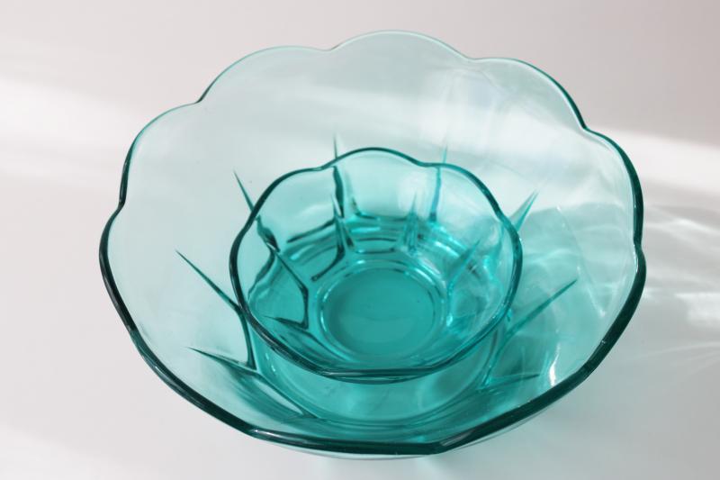 photo of vintage Anchor Hocking aquamarine glass chip & dip bowls w/ rack, Swedish modern shape #6