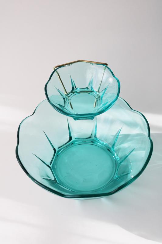 photo of vintage Anchor Hocking aquamarine glass chip & dip bowls w/ rack, Swedish modern shape #8