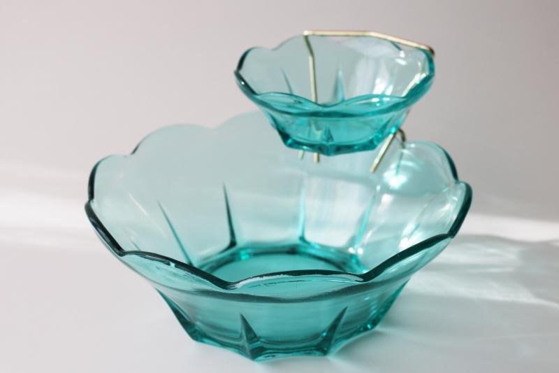 photo of vintage Anchor Hocking aquamarine glass chip & dip bowls w/ rack, Swedish modern shape #9