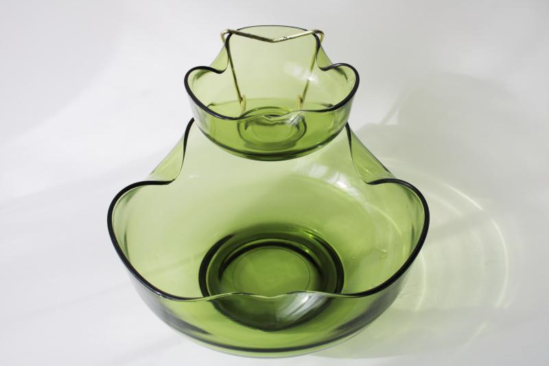 photo of vintage Anchor Hocking avocado green glass chip & dip bowls w/ rack, 70s mod pinch shape #4