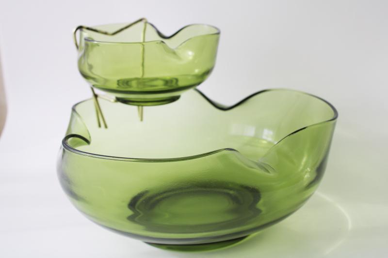 photo of vintage Anchor Hocking avocado green glass chip & dip bowls w/ rack, 70s mod pinch shape #6