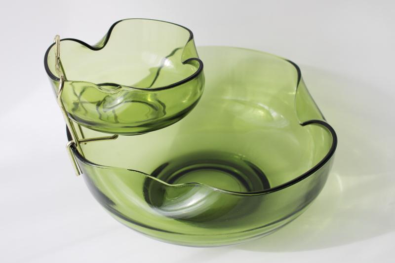 photo of vintage Anchor Hocking avocado green glass chip & dip bowls w/ rack, 70s mod pinch shape #8