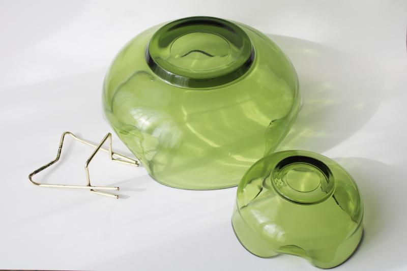 photo of vintage Anchor Hocking avocado green glass chip & dip bowls w/ rack, 70s mod pinch shape #12