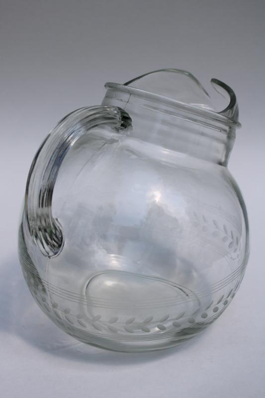 photo of vintage Anchor Hocking ball jug pitcher, clear glass w/ wheel cut etched laurel band #3