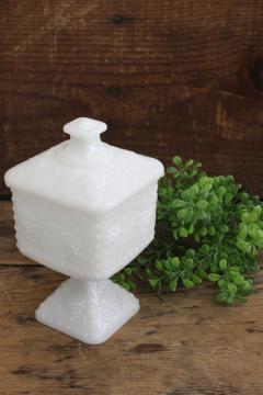 catalog photo of vintage Anchor Hocking beaded grape pattern milk glass wedding bowl, box shape candy dish