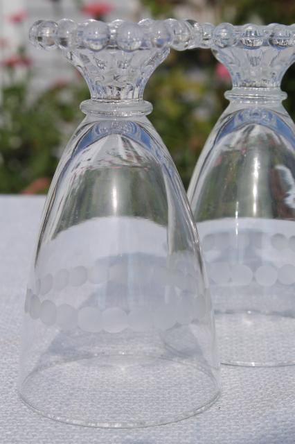 photo of vintage Anchor Hocking boopie bead edge footed tumblers, wine or water glasses w/ etched dots #3