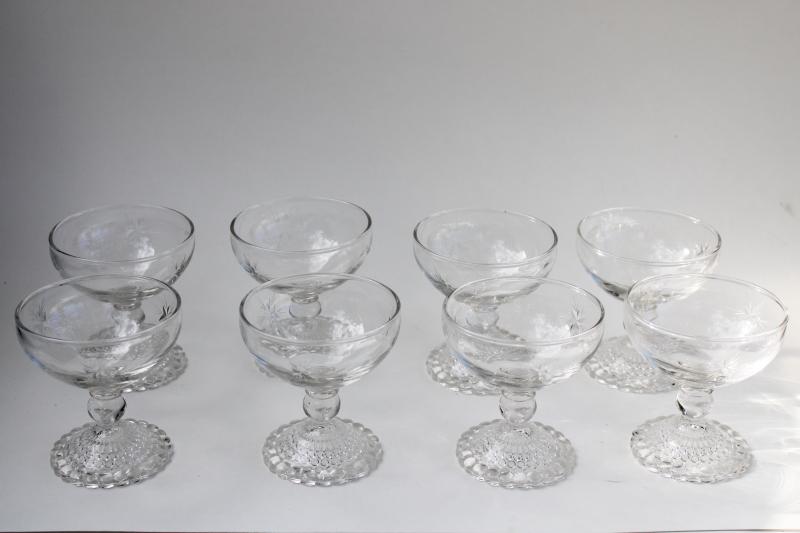 photo of vintage Anchor Hocking bubble foot glass champagne glasses, etched star of Bethlehem #1