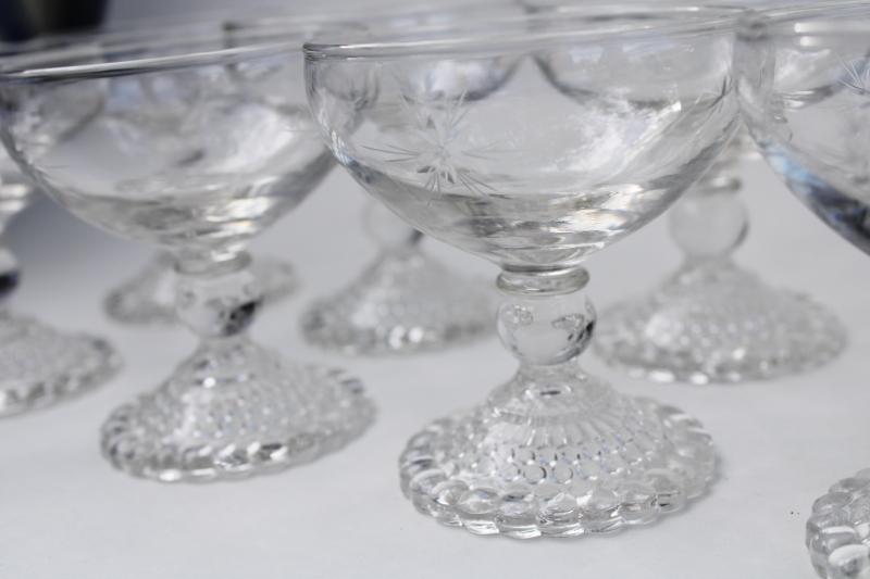 photo of vintage Anchor Hocking bubble foot glass champagne glasses, etched star of Bethlehem #5