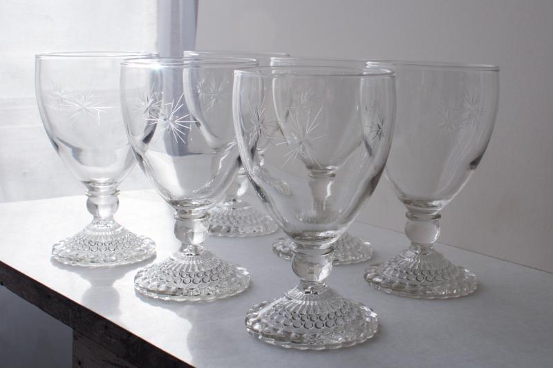 photo of vintage Anchor Hocking bubble foot glass water wine glasses, etched star of Bethlehem #1