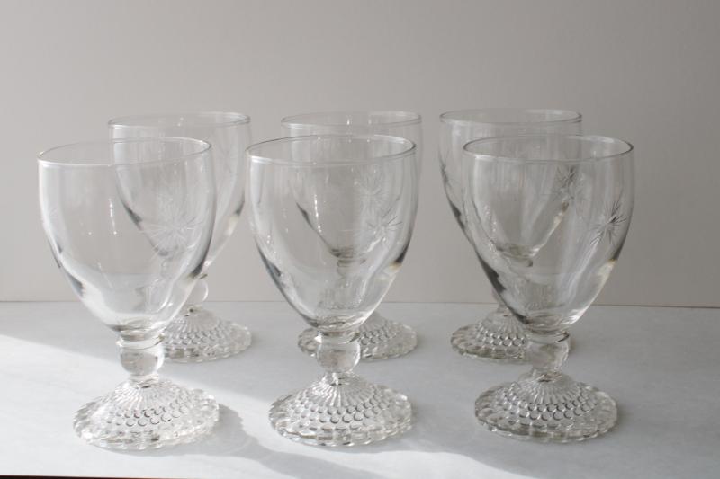 photo of vintage Anchor Hocking bubble foot glass water wine glasses, etched star of Bethlehem #2