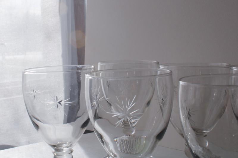 photo of vintage Anchor Hocking bubble foot glass water wine glasses, etched star of Bethlehem #3