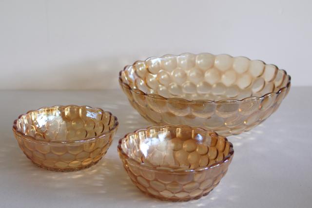 photo of vintage Anchor Hocking bubble pattern berry bowls, copper tint iridescent peach luster #5