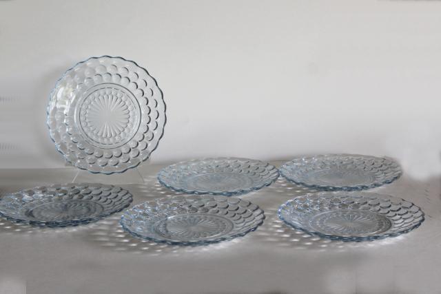 photo of vintage Anchor Hocking bubble pattern plates, sapphire blue depression glass #1