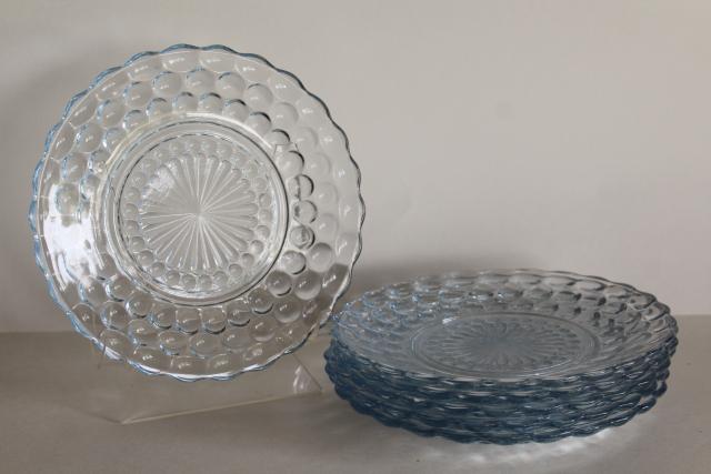 photo of vintage Anchor Hocking bubble pattern plates, sapphire blue depression glass #5