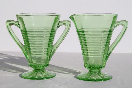 photo of vintage Anchor Hocking circle green depression glass cream pitcher & sugar bowl  #1