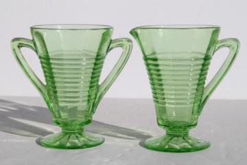 catalog photo of vintage Anchor Hocking circle green depression glass cream pitcher & sugar bowl 