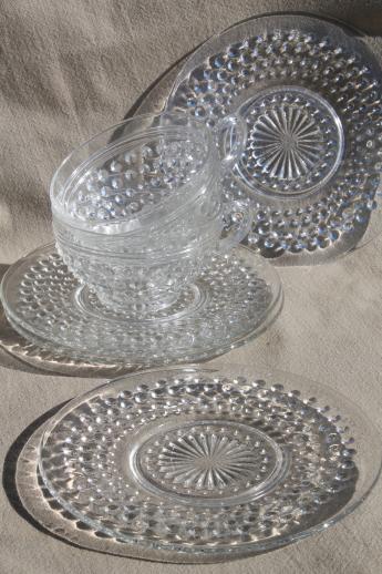 photo of vintage Anchor Hocking clear depression glass hobnail pattern cups & saucer plates #1