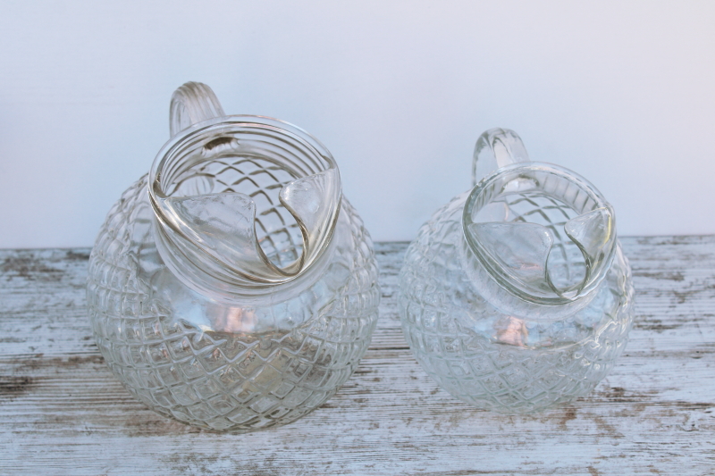 photo of vintage Anchor Hocking clear glass pitchers, large & small ball pitcher Waterford waffle pattern glass #2