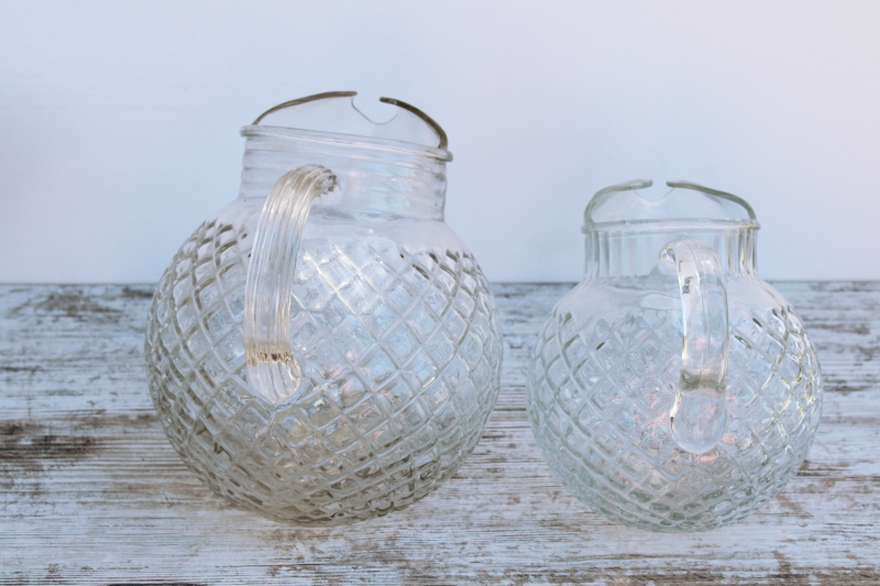 photo of vintage Anchor Hocking clear glass pitchers, large & small ball pitcher Waterford waffle pattern glass #3