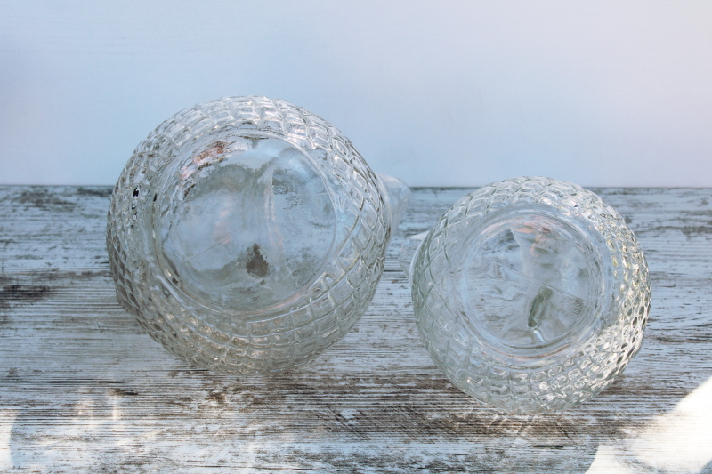 photo of vintage Anchor Hocking clear glass pitchers, large & small ball pitcher Waterford waffle pattern glass #4