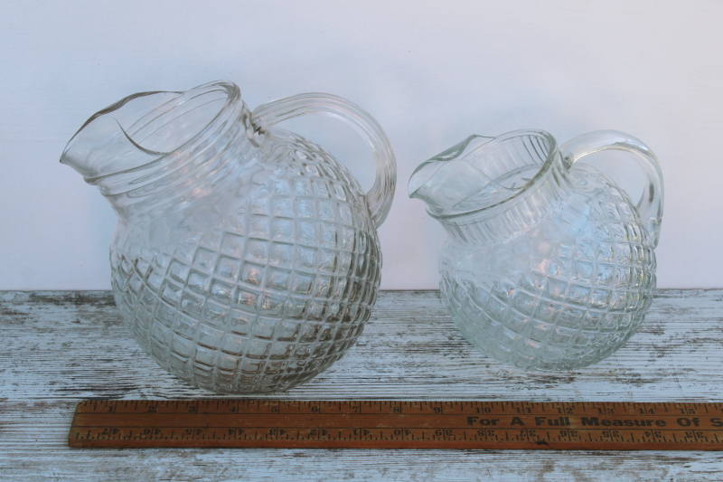 photo of vintage Anchor Hocking clear glass pitchers, large & small ball pitcher Waterford waffle pattern glass #7