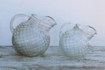 catalog photo of vintage Anchor Hocking clear glass pitchers, large & small ball pitcher Waterford waffle pattern glass