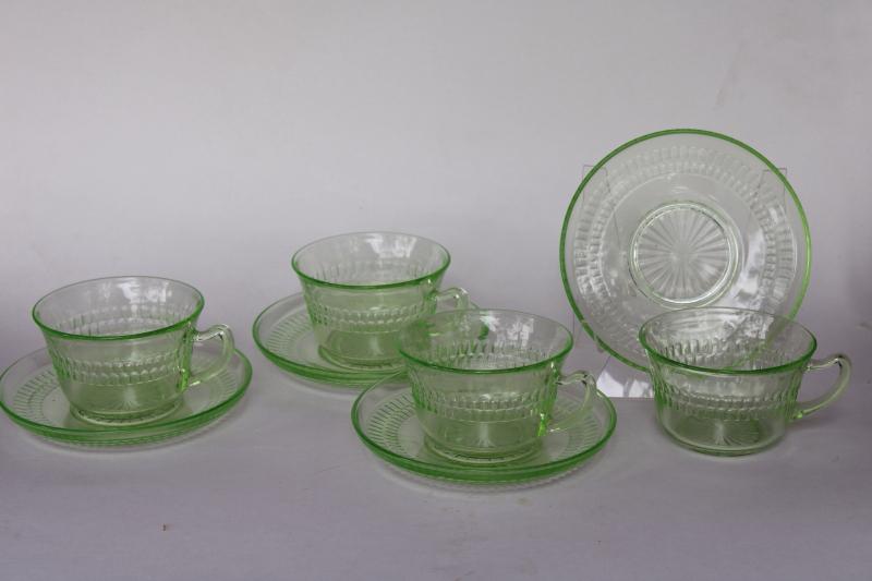 photo of vintage Anchor Hocking depression glass cups & saucers Roulette vaseline green uranium glass #1