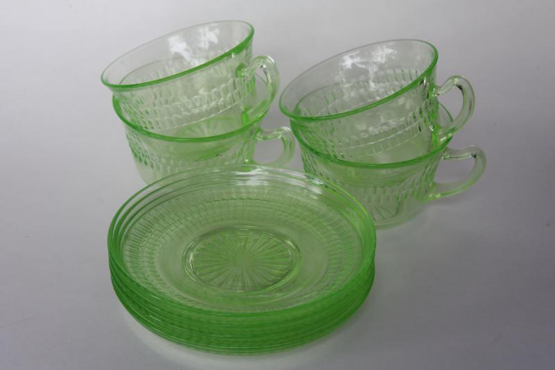 photo of vintage Anchor Hocking depression glass cups & saucers Roulette vaseline green uranium glass #5