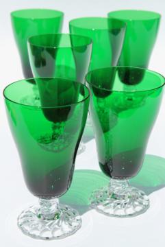 catalog photo of vintage Anchor Hocking forest green / clear footed water glasses, burple swirl