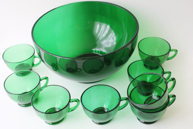 photo of vintage Anchor Hocking forest green glass Christmas punch bowl & cups set #1