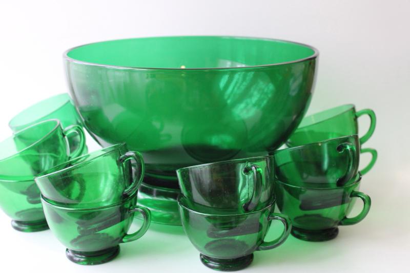 photo of vintage Anchor Hocking forest green glass Christmas punch set, bowl w/ stand, 12 cups #1