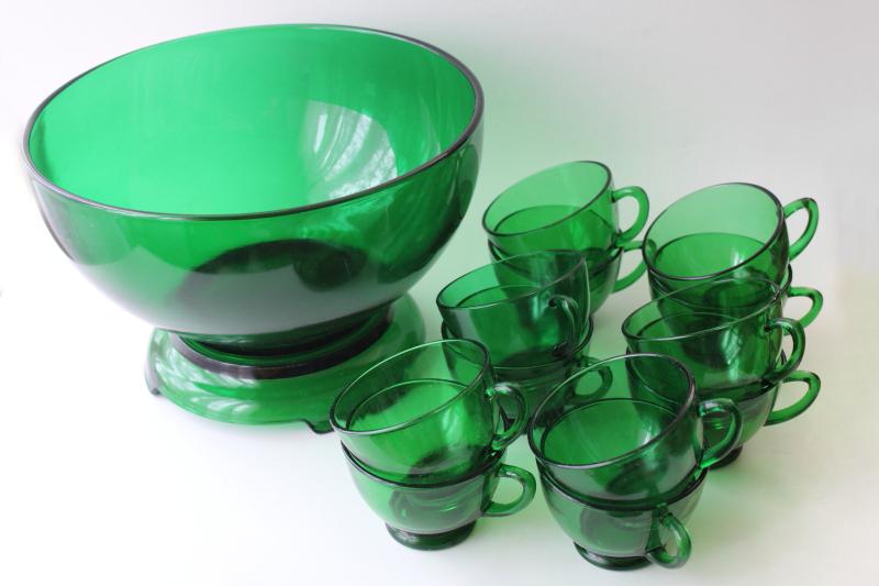 photo of vintage Anchor Hocking forest green glass Christmas punch set, bowl w/ stand, 12 cups #4