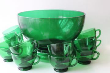 catalog photo of vintage Anchor Hocking forest green glass Christmas punch set, bowl w/ stand, 12 cups