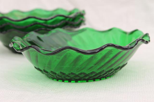 photo of vintage Anchor Hocking forest green glass bowls, set of 4 ruffled crimped dishes #3