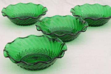 catalog photo of vintage Anchor Hocking forest green glass bowls, set of 4 ruffled crimped dishes